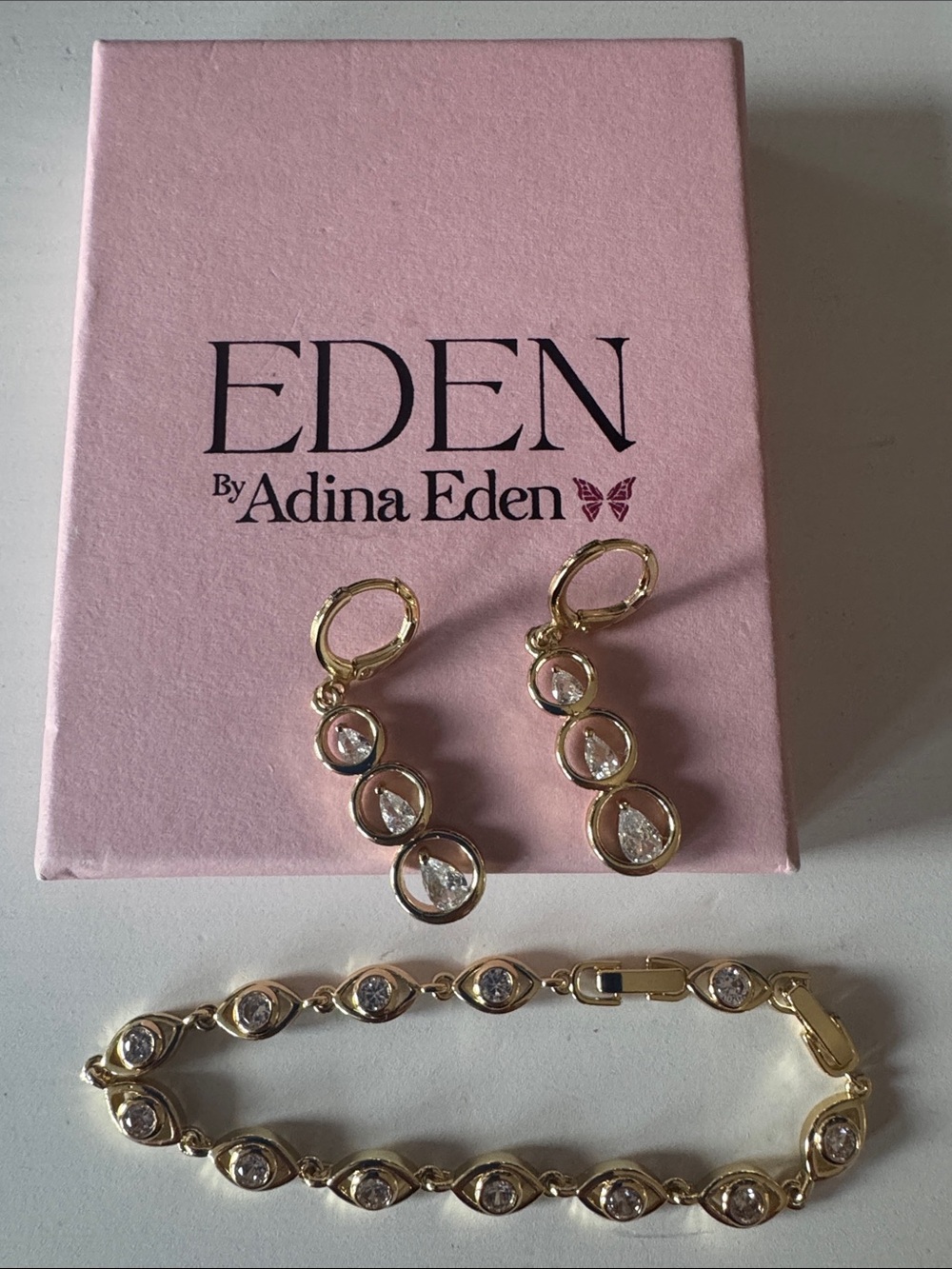 Adina Eden EDEN Gold Tone Crystal Drop Earrings & Bracelet Set - Pink Box